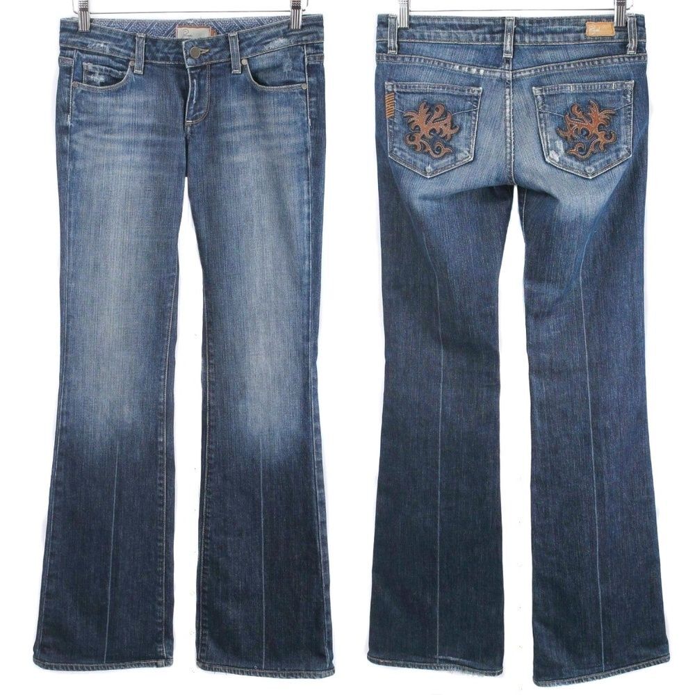 PAIGE Laurel Canyon Medium Stonewashed Leather Pocket Detail Flare Jeans Size 27